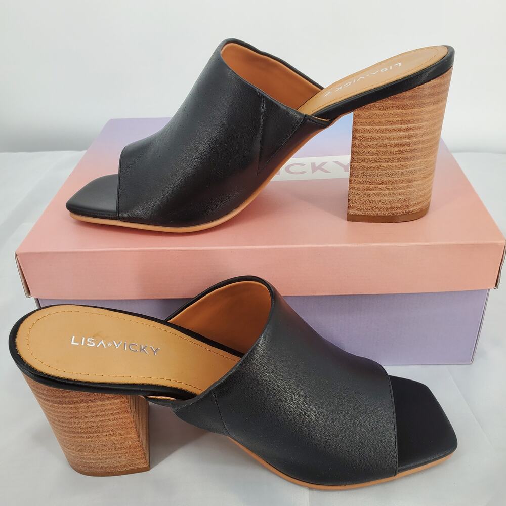 Lisa Vicky Womens 7M Virtue V Sandal 3 1/2in Block Heel‎ Black Sheep Nappa New
